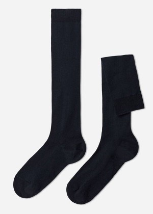 Calzedonia Stretch Cotton Long Men's Socks Blue | CA 1420LH