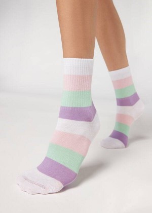 Calzedonia Stripe Patterned Short Women's Socks White | CA 1649FM