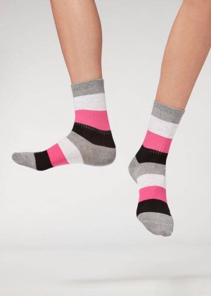 Calzedonia Stripe Patterned Short Women's Socks Grey | CA 1647SO