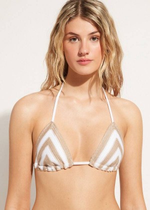 Calzedonia Triangle String Mumbai Women's Bikini Tops White / Beige | CA 2137IS