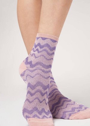 Calzedonia Wave Motif Short with Glitter Women's Socks Purple / Beige | CA 1636QZ