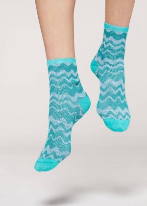 Calzedonia Wave Motif Short with Glitter Women's Socks Turquoise | CA 1635MA