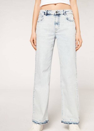 Calzedonia Wide-Leg Frayed Women's Jeans Blue | CA 1573HK