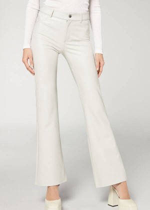 Calzedonia Zip and Button Coated Thermal Flared Women's Pants White | CA 1447ZG