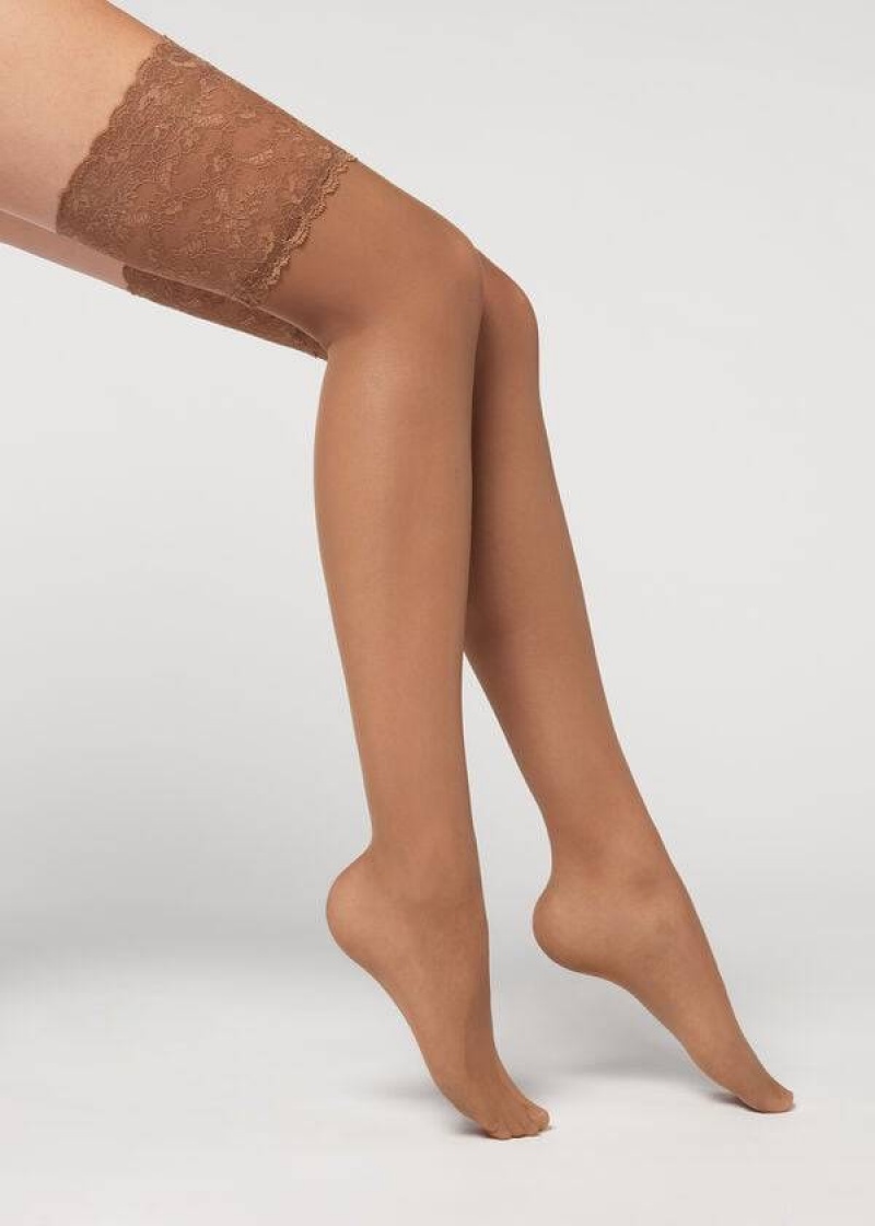 Calzedonia 20 Denier Opaque Thigh-Highs Women's Stockings Khaki | CA 2952GL