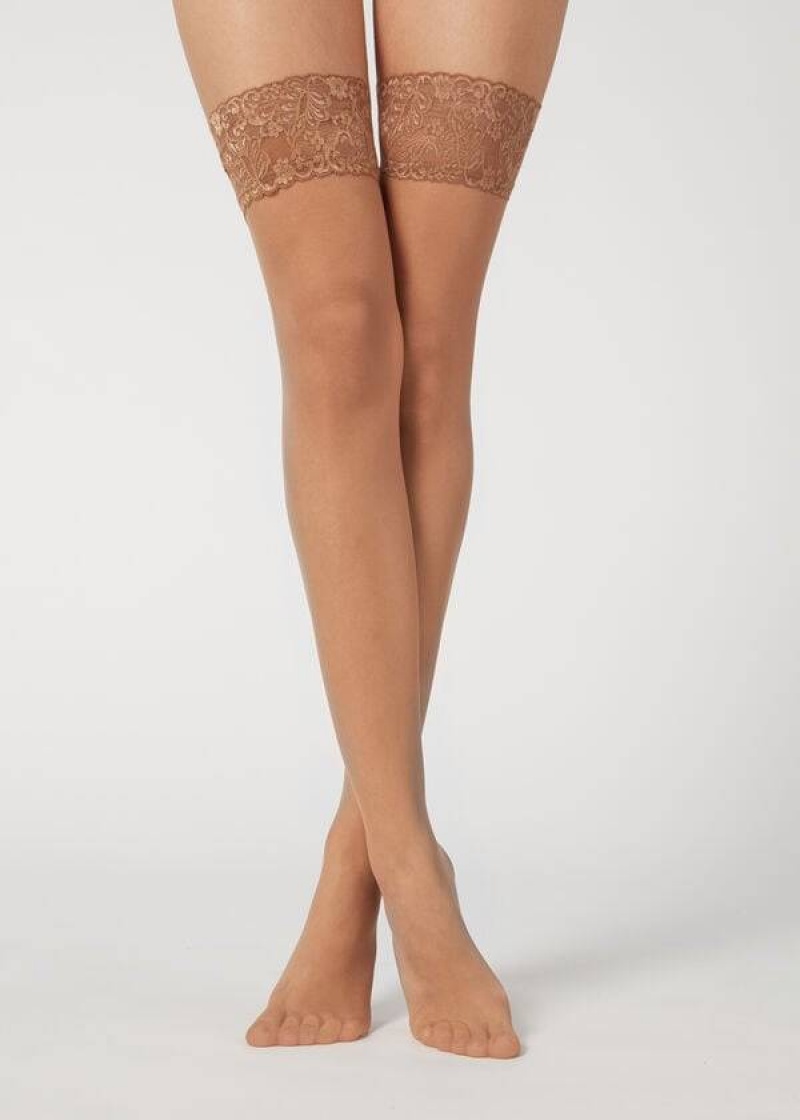 Calzedonia 20 Denier Sheer Thigh-Highs Women\'s Stockings Khaki | CA 2942NB