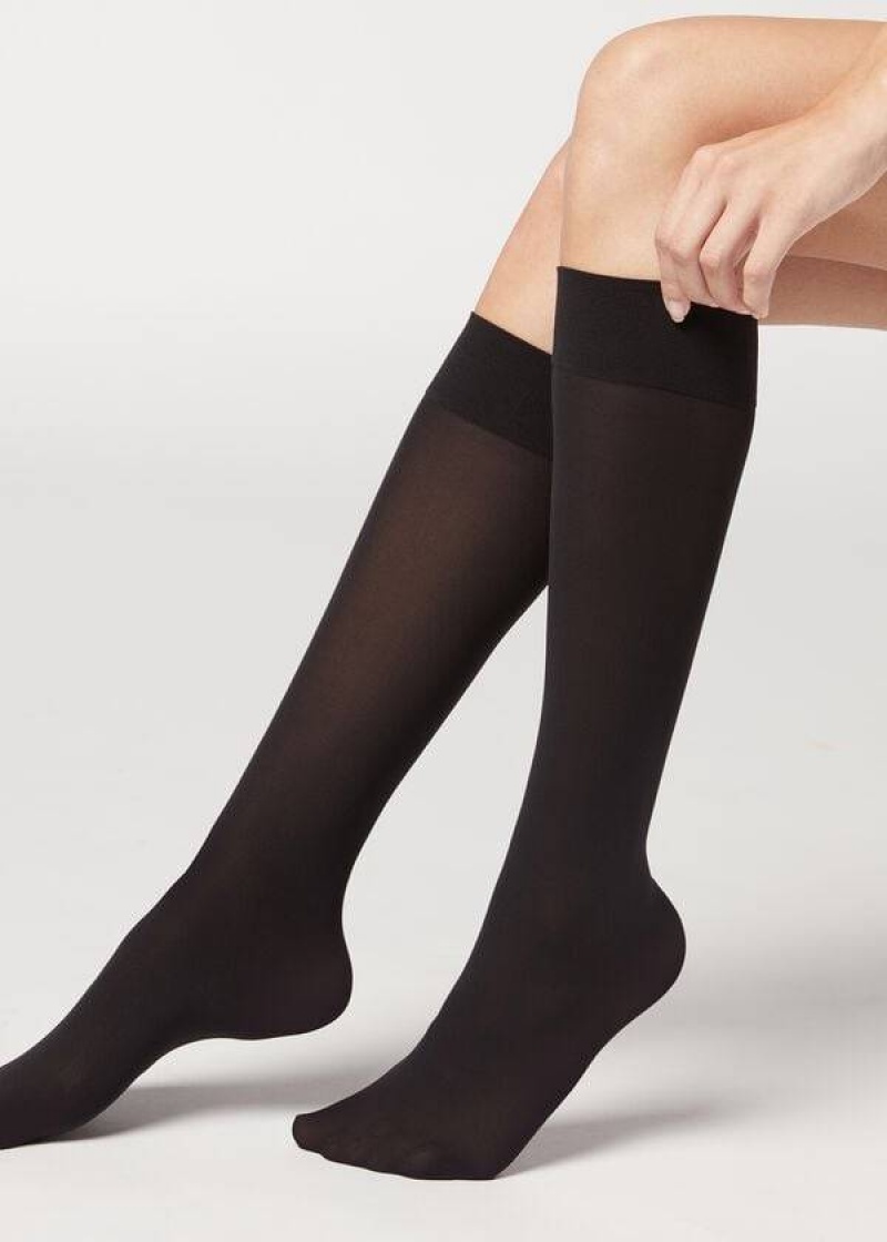 Calzedonia 30 Denier Semi Opaque Microfiber Knee-Highs Long Women's Socks Black | CA 1956OR