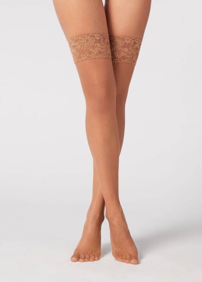 Calzedonia 8 Denier Ultra Sheer Thigh-Highs Women\'s Stockings Beige / Brown | CA 2937RW