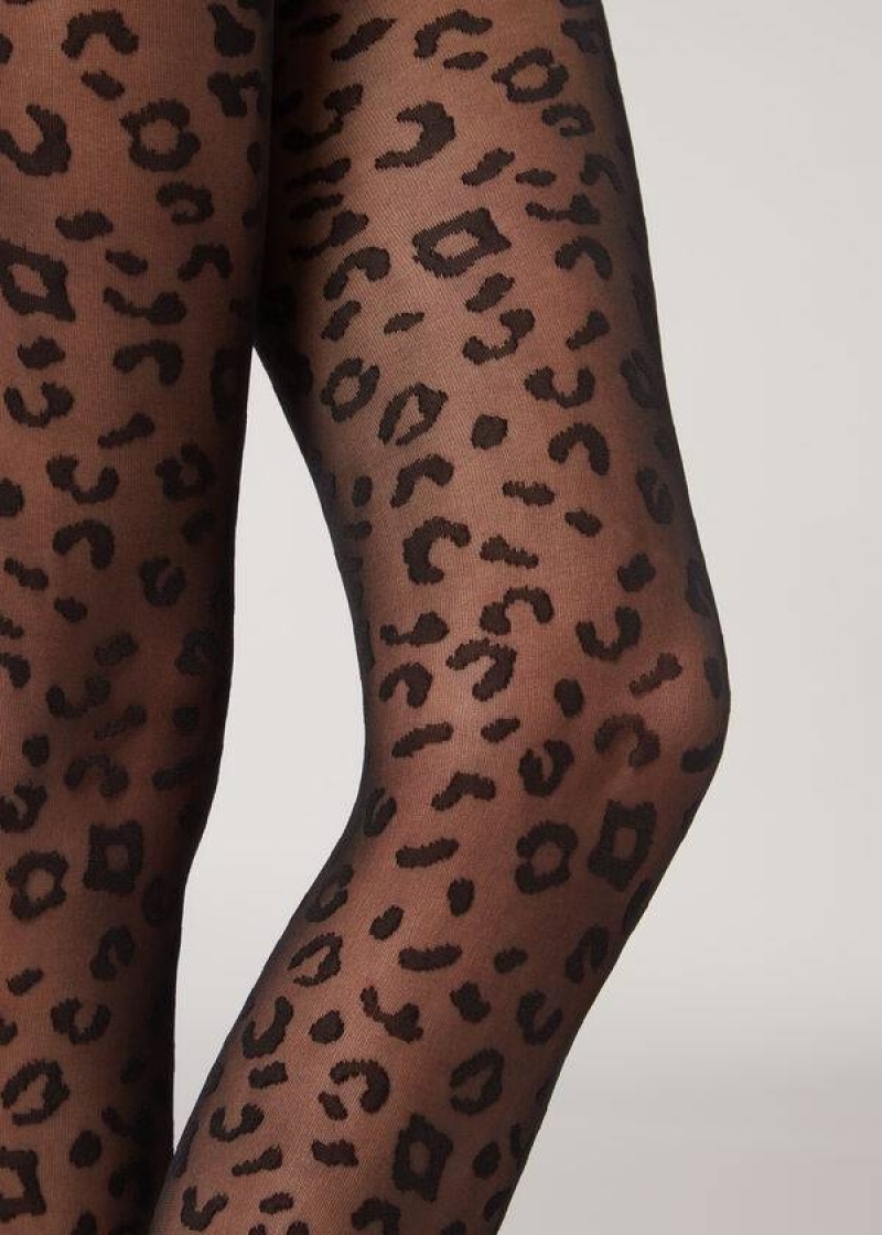 Calzedonia Animal Pattern 30 Denier Sheer Patterned Women's Tight Black | CA 3107WY