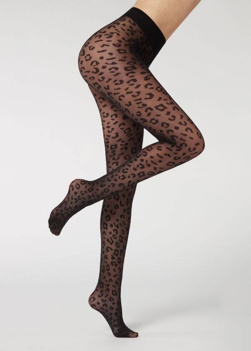 Calzedonia Animal Pattern 30 Denier Sheer Patterned Sexy Women\'s Tight Black | CA 3106EX