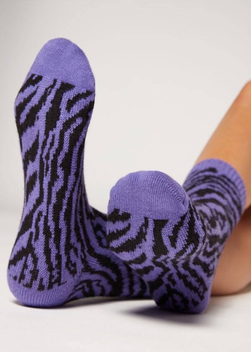 Calzedonia Animal Print Cashmere Short Women\'s Socks Purple | CA 1860JJ