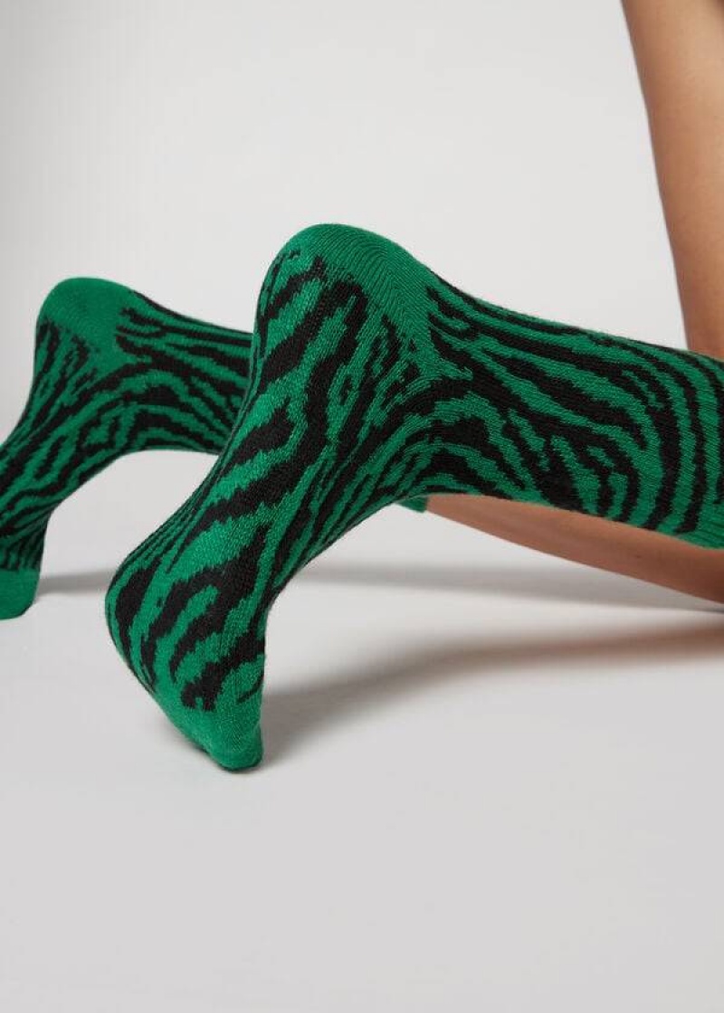 Calzedonia Animal Print Cashmere Short Women\'s Socks Green | CA 1859HK