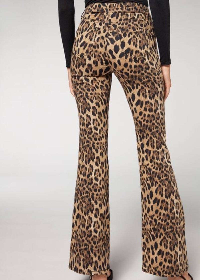 Calzedonia Animal Print Flared Women's Jeans Brown | CA 1630XF