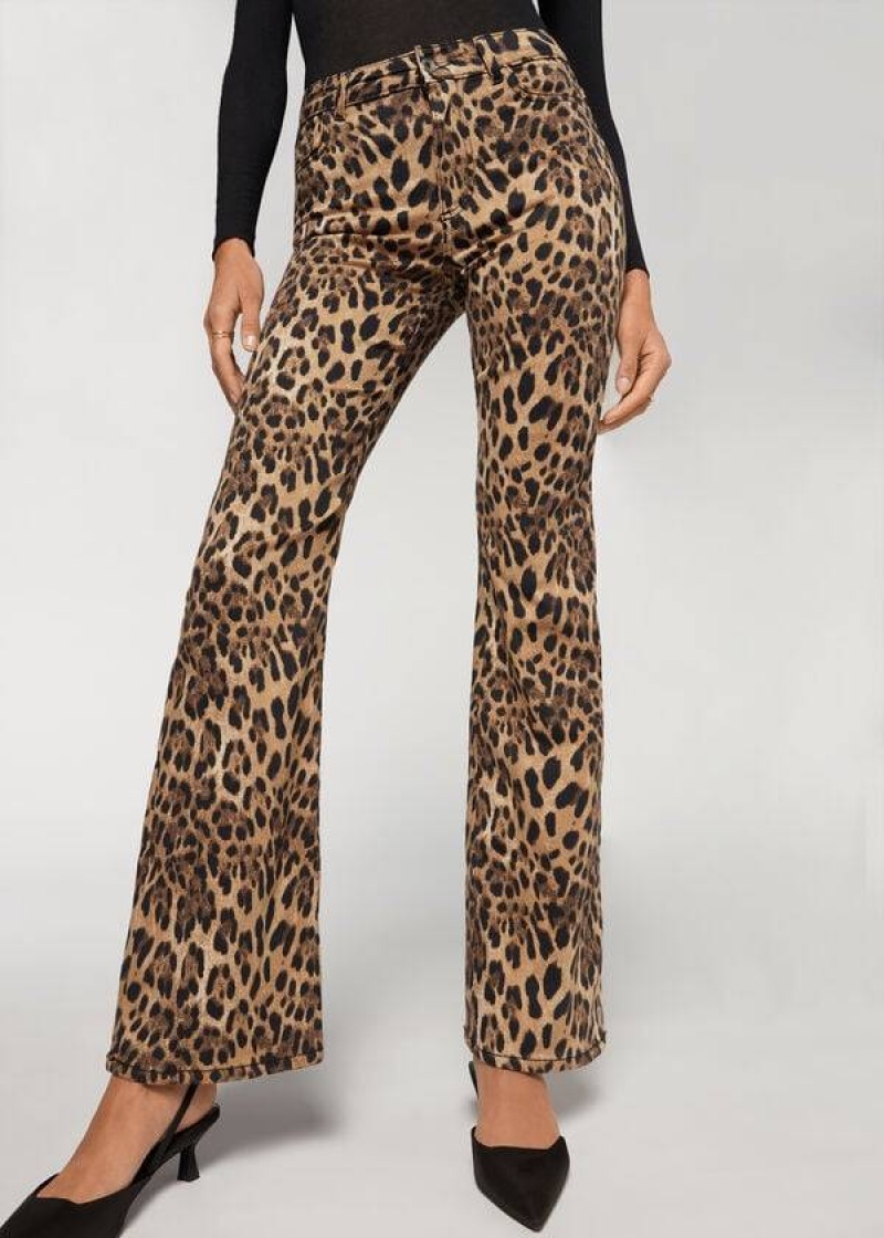 Calzedonia Animal Print Flared Women's Jeans Brown | CA 1630XF