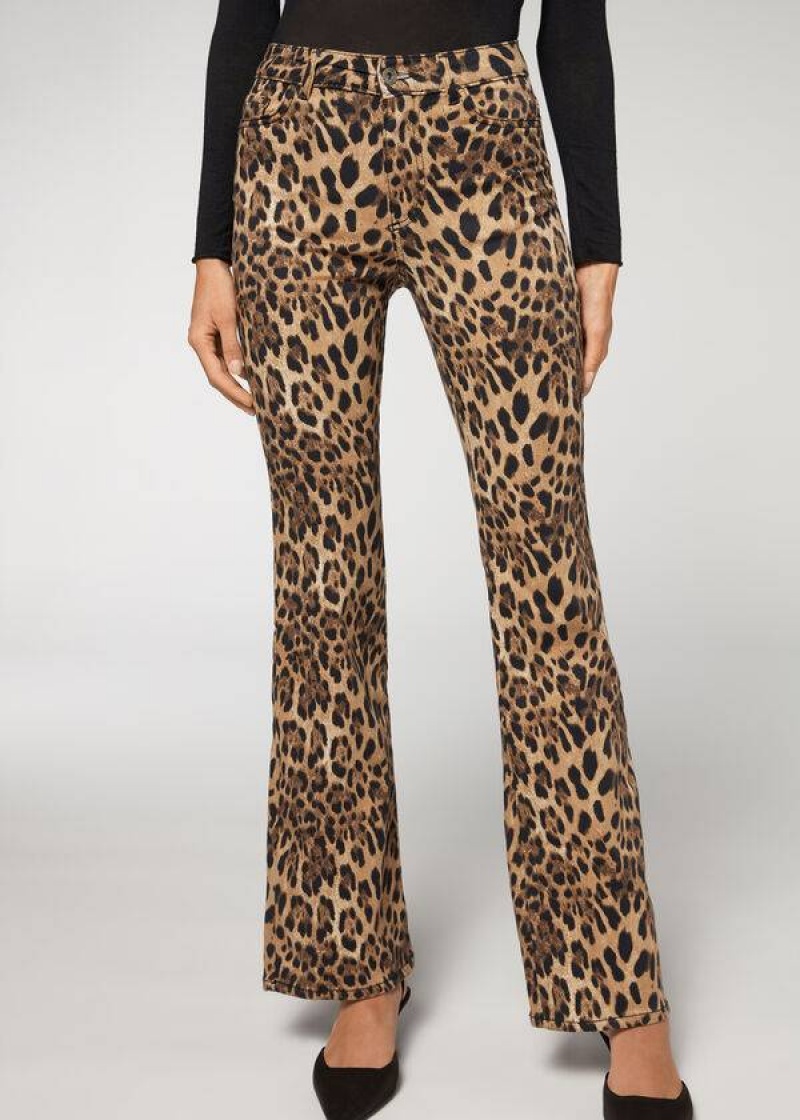 Calzedonia Animal Print Flared Women\'s Jeans Brown | CA 1630XF