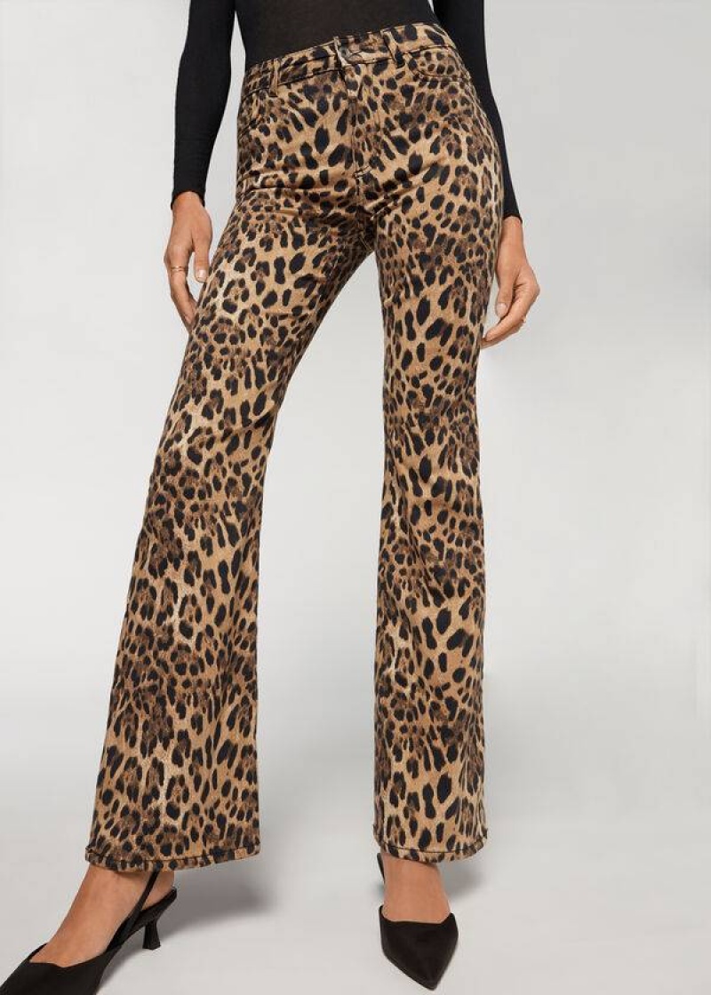 Calzedonia Animal Print Flared Women's Pants Brown | CA 1478NB