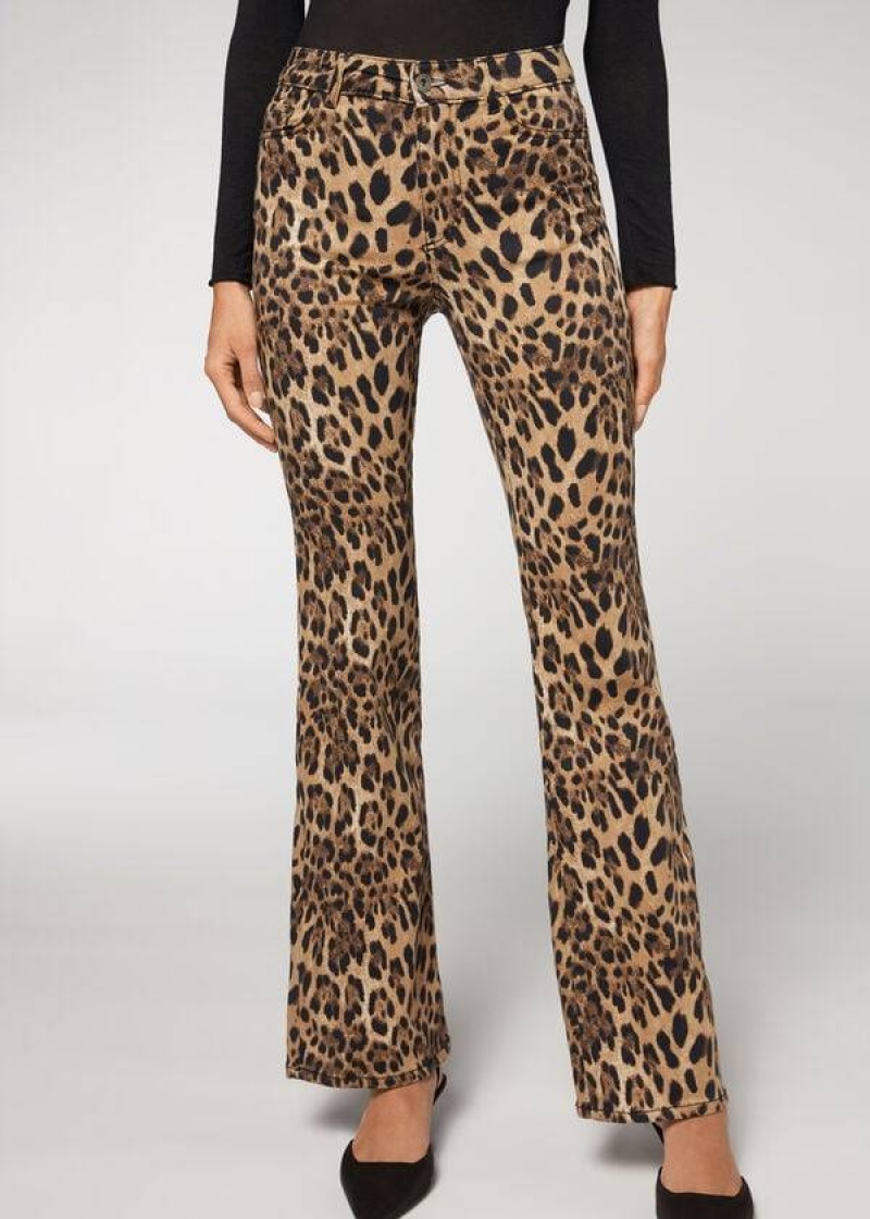 Calzedonia Animal Print Flared Women\'s Pants Brown | CA 1478NB