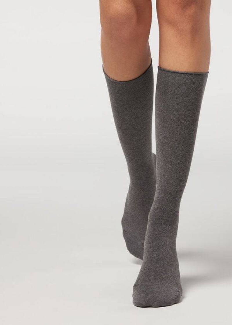 Calzedonia Cashmere Blend 3/4 Long Women\'s Socks Grey | CA 1953YU