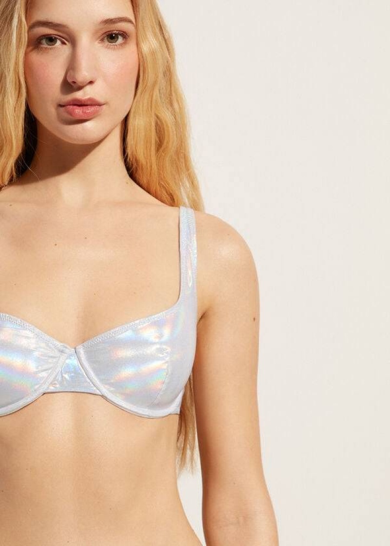 Calzedonia Coated-Effect Balconette Daytona Women's Bikini Tops Silver | CA 2492HK