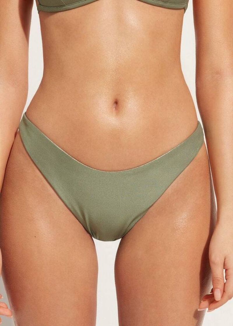 Calzedonia Coated-Effect High-Cut Brazilian Antigua Women\'s Bikini Bottoms Green | CA 2828VD