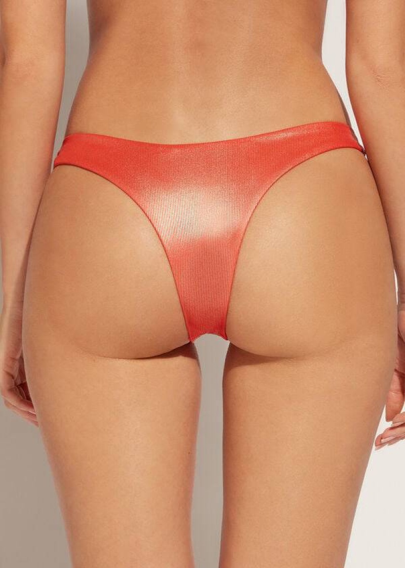 Calzedonia Coated-Effect High-Cut Brazilian Antigua Women's Bikini Bottoms Coral Orange | CA 2827BC