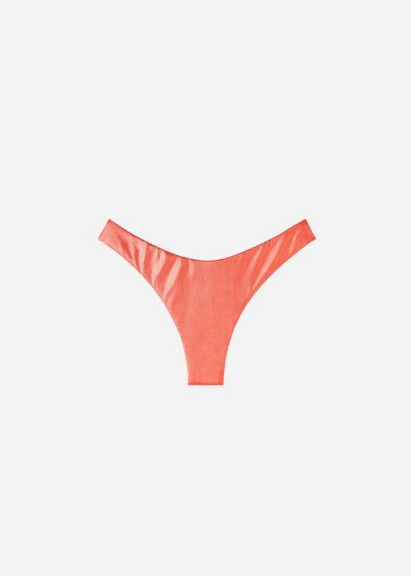 Calzedonia Coated-Effect High-Cut Brazilian Antigua Women's Bikini Bottoms Coral Orange | CA 2827BC