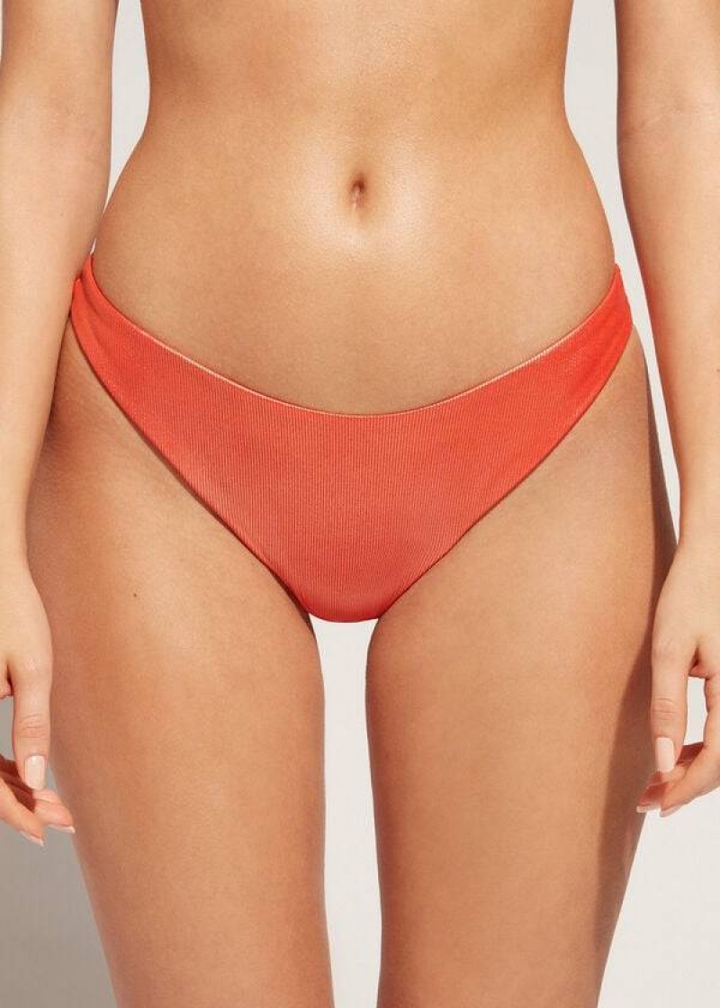 Calzedonia Coated-Effect High-Cut Brazilian Antigua Women\'s Bikini Bottoms Coral Orange | CA 2827BC