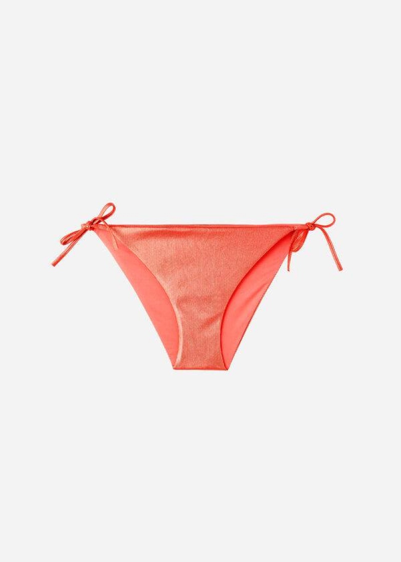 Calzedonia Coated-Effect String Antigua Women's Bikini Bottoms Coral Orange | CA 2825MA