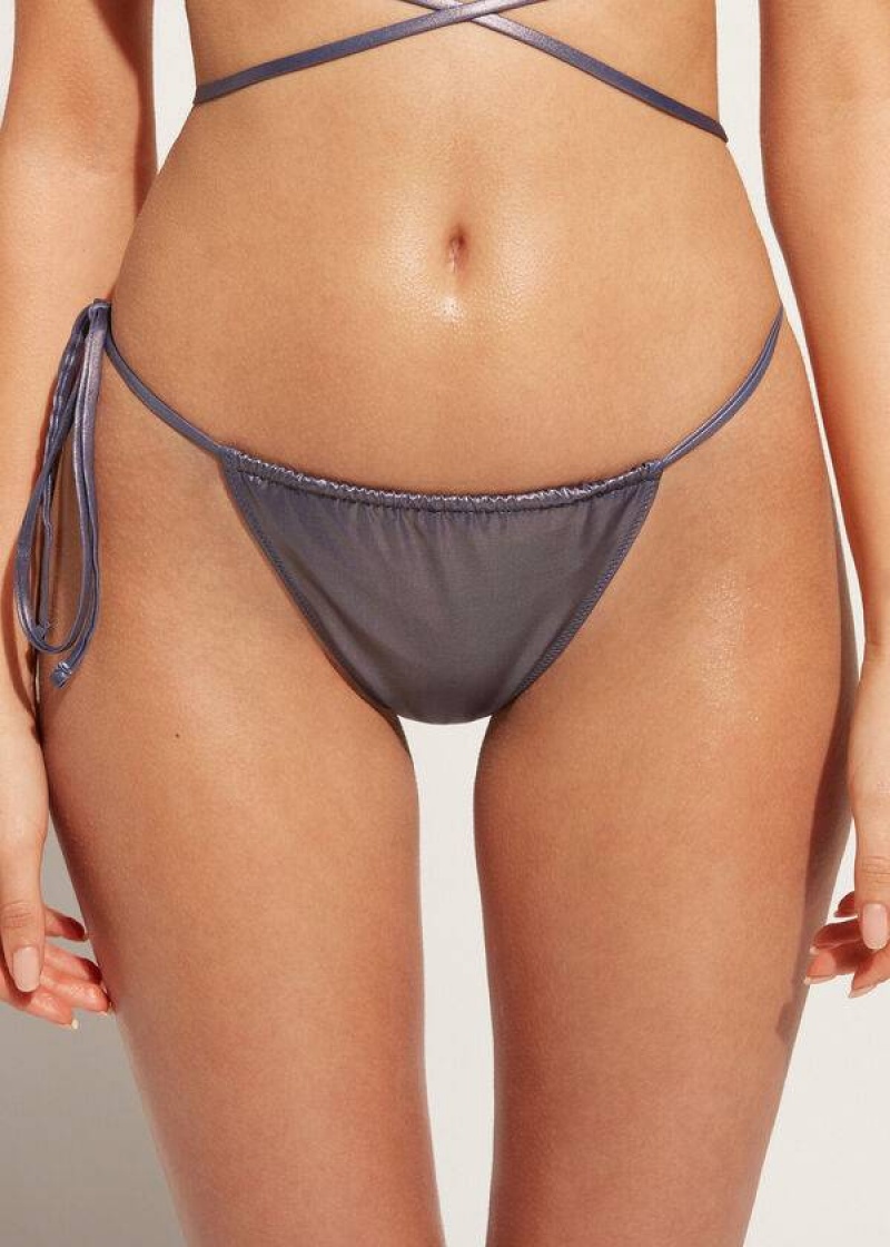 Calzedonia Coated-Effect String Thong Daytona Women\'s Bikini Bottoms Blue | CA 2823WY