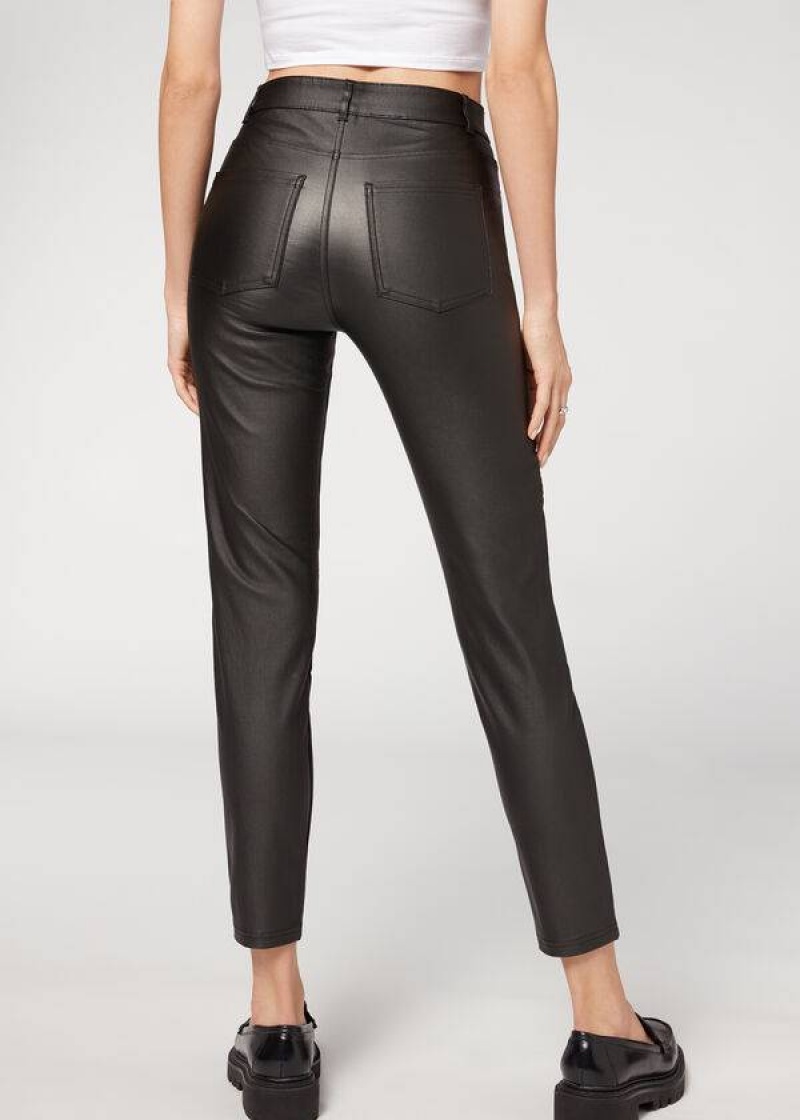 Calzedonia Coated Skinny Biker Women's Leggings Black | CA 1562TV