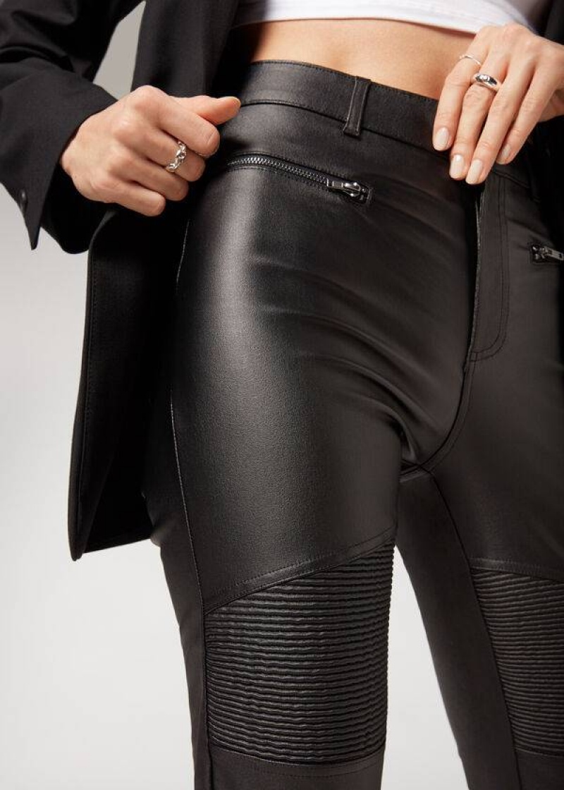 Calzedonia Coated Skinny Biker Women's Leggings Black | CA 1562TV