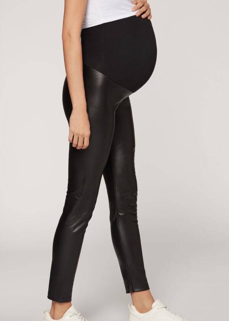 Calzedonia Coated Thermal Maternity Women\'s Leggings Black | CA 1561RW