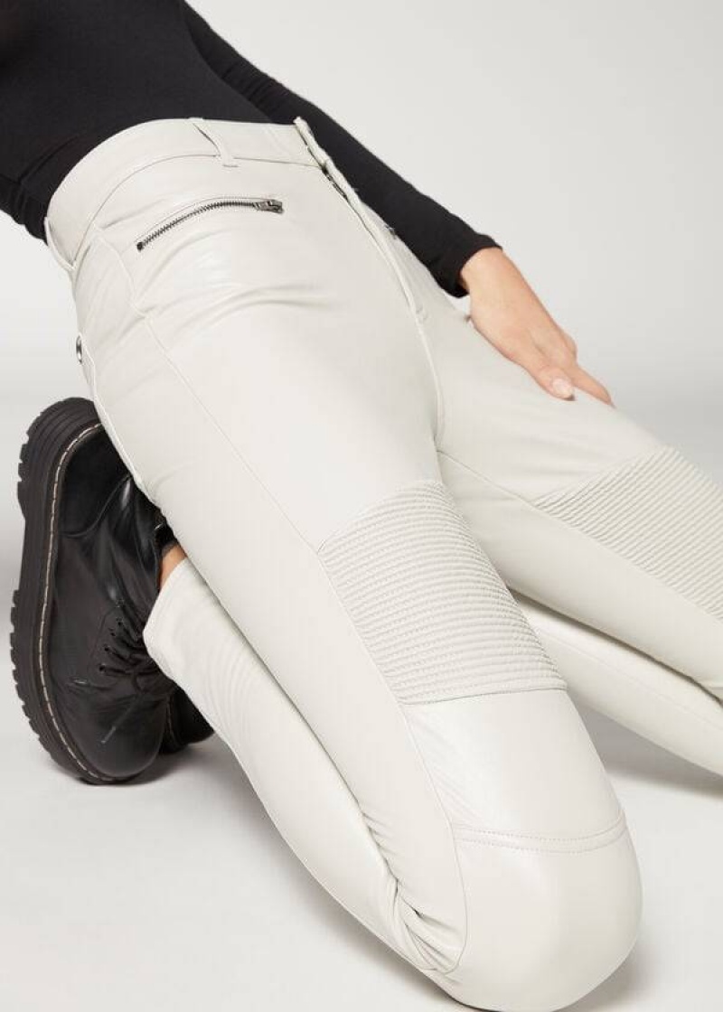 Calzedonia Coated Thermal Skinny Biker Women's Leggings White | CA 1560EX