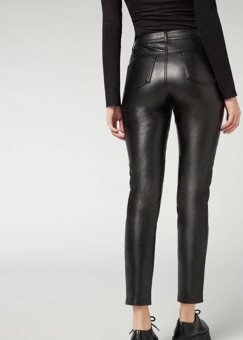 Calzedonia Coated Thermal Skinny Biker Women's Leggings Black | CA 1559WY