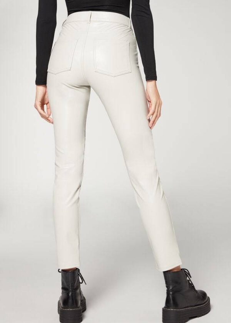 Calzedonia Coated Thermal Skinny Biker Women's Pants White | CA 1468GL