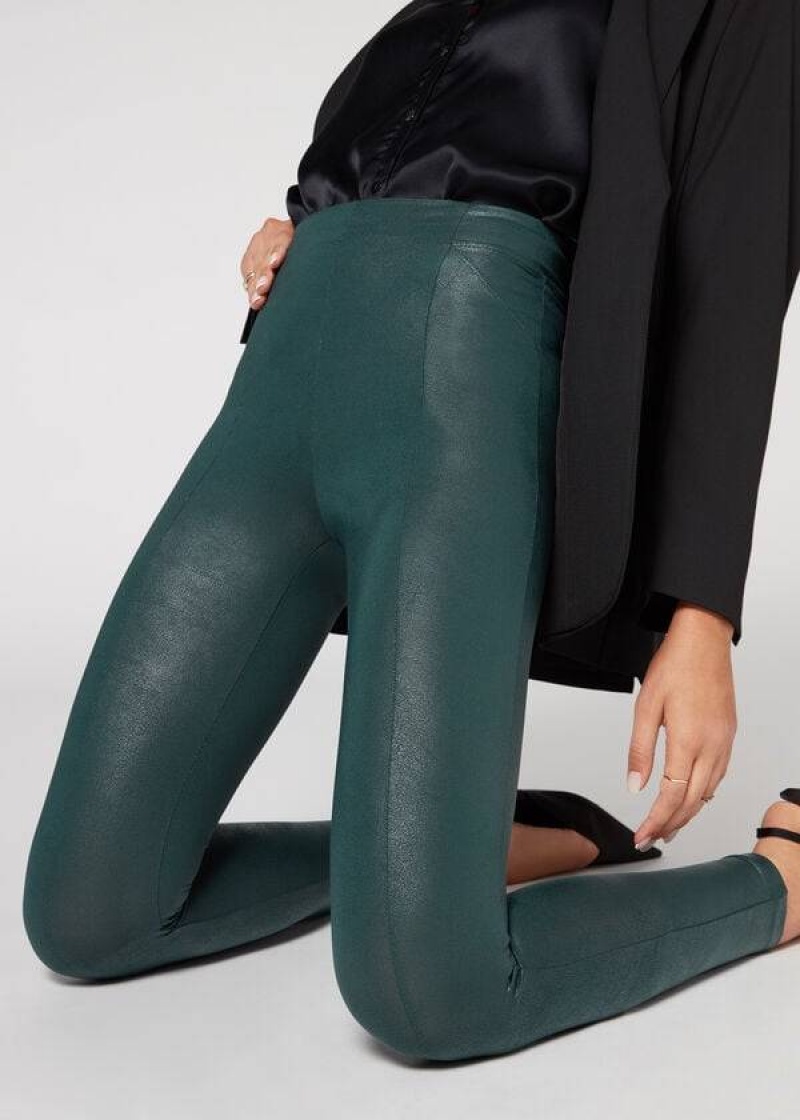 Calzedonia Coated Total Shaper Biker Women's Leggings Green | CA 1558QZ