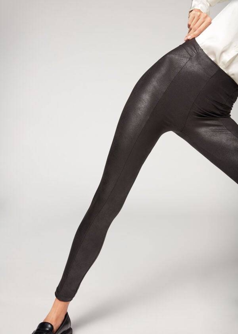 Calzedonia Coated Total Shaper Biker Women's Leggings Black | CA 1557MA