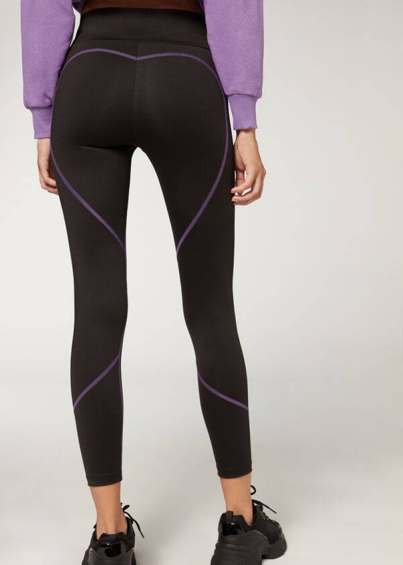 Calzedonia Contrast Seam Performance Athletic Women's Leggings Black / Purple | CA 1556NB