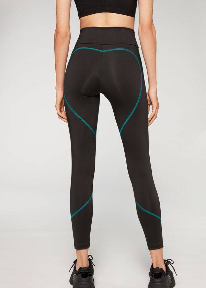 Calzedonia Contrast Seam Performance Athletic Women's Leggings Black / Green | CA 1555BC