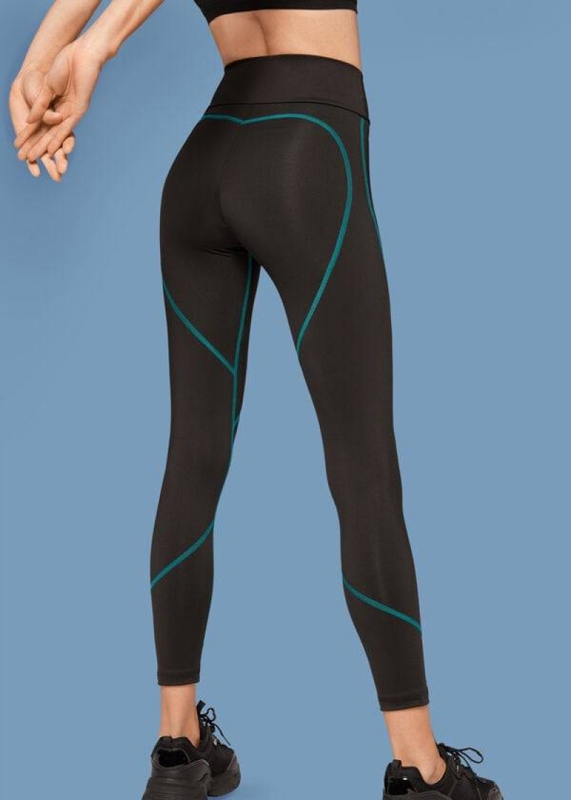 Calzedonia Contrast Seam Performance Athletic Women's Leggings Black / Green | CA 1555BC