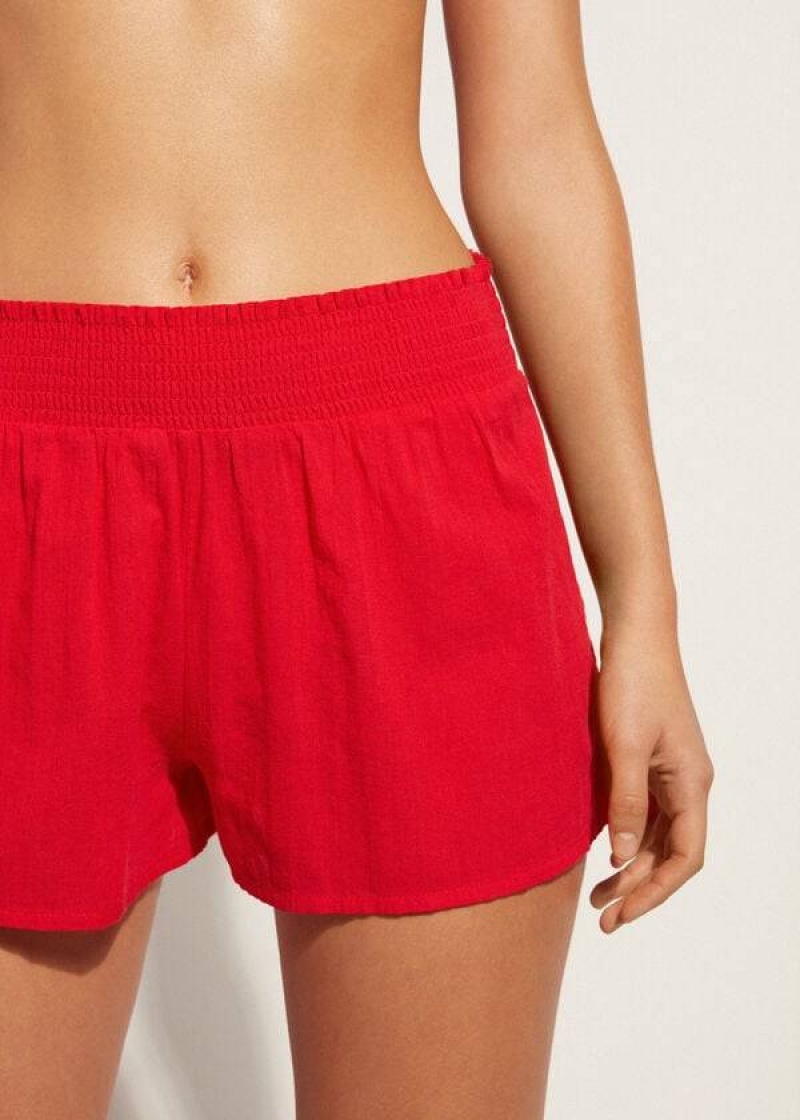 Calzedonia Cotton Shorts Sexy Women's Cover Ups Red | CA 2063SO