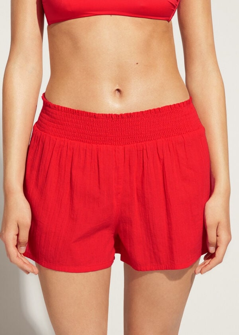 Calzedonia Cotton Shorts Women\'s Cover Ups Red | CA 2069KI