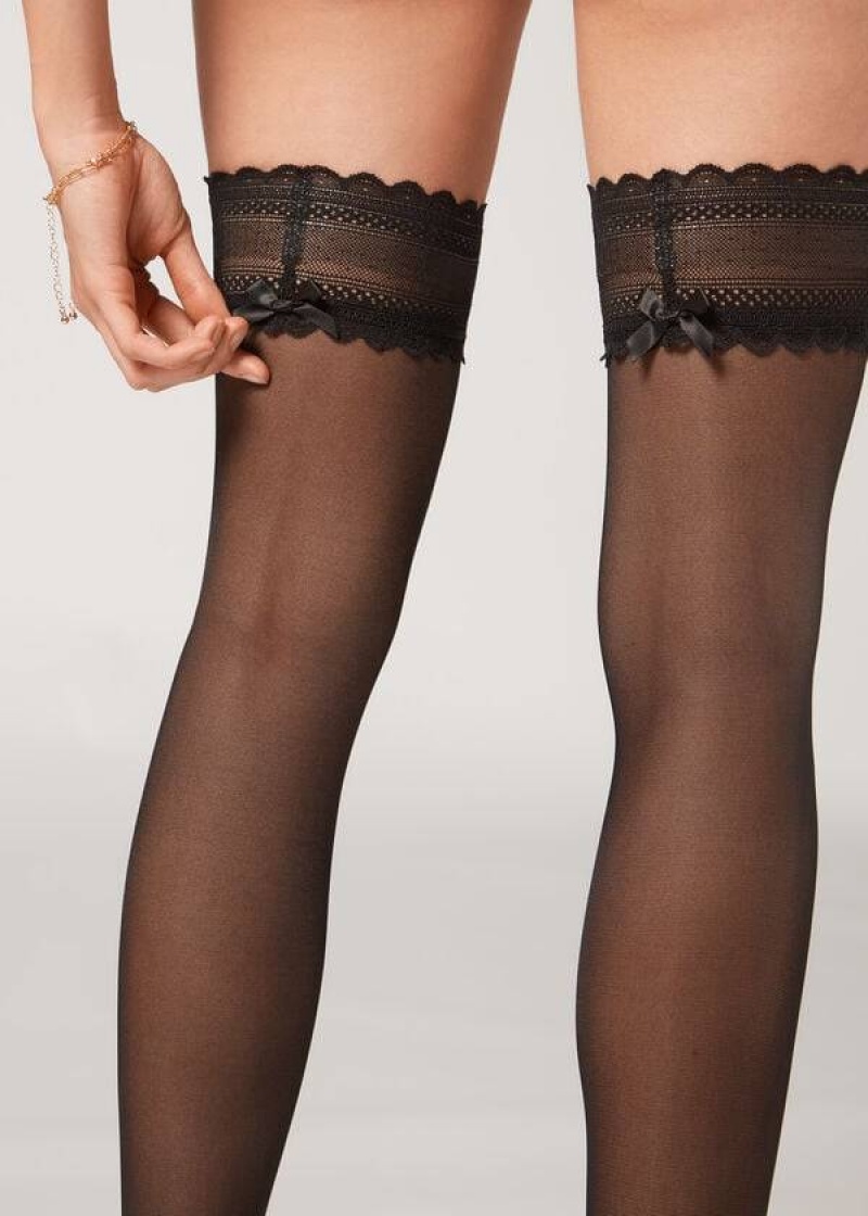 Calzedonia Crochet 40 Denier Sheer Thigh Highs Women's Stockings Black | CA 2929SO