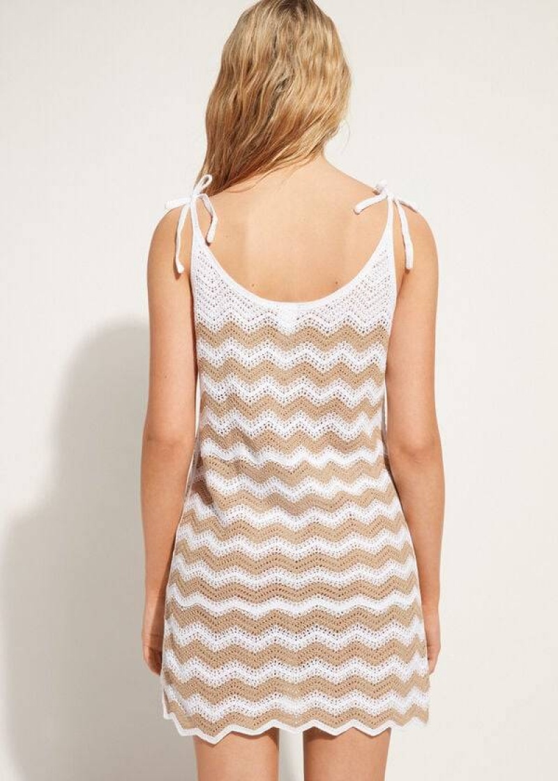 Calzedonia Crochet Dress with Chevron Motif Women's Cover Ups White / Beige | CA 2119HK