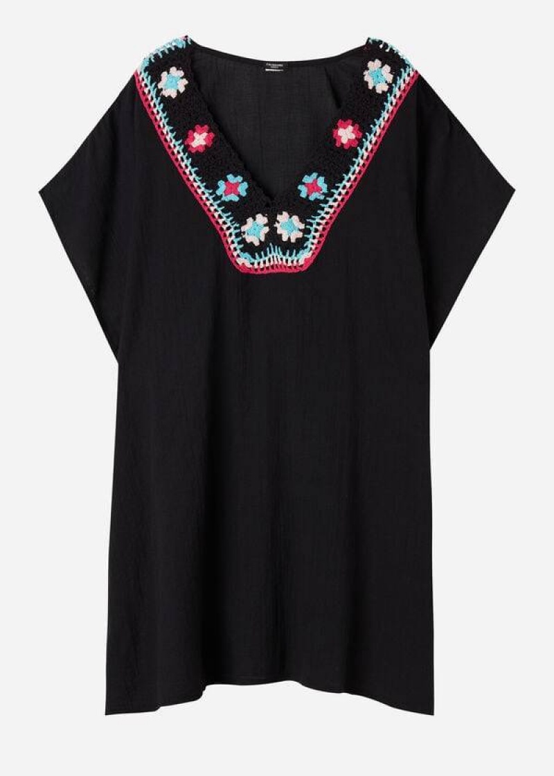 Calzedonia Crochet Neckline Kaftan Women's Cover Ups Black | CA 2117FM