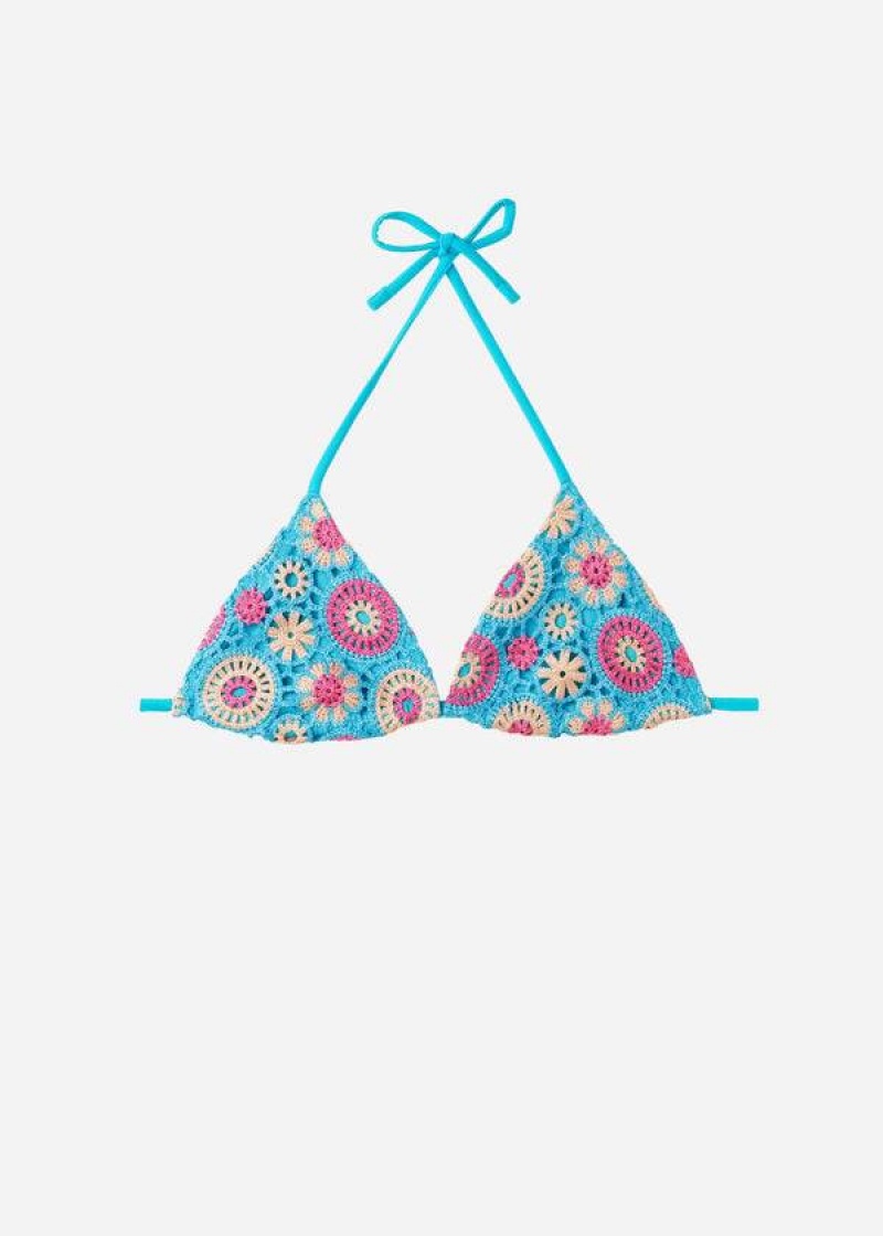 Calzedonia Crochet Triangle String Capri Women's Bikini Tops Turquoise | CA 2485VD