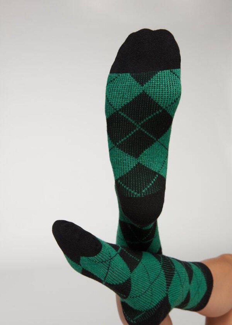 Calzedonia Diamond-Pattern Cashmere Short Women\'s Socks Black / Green | CA 1786XF