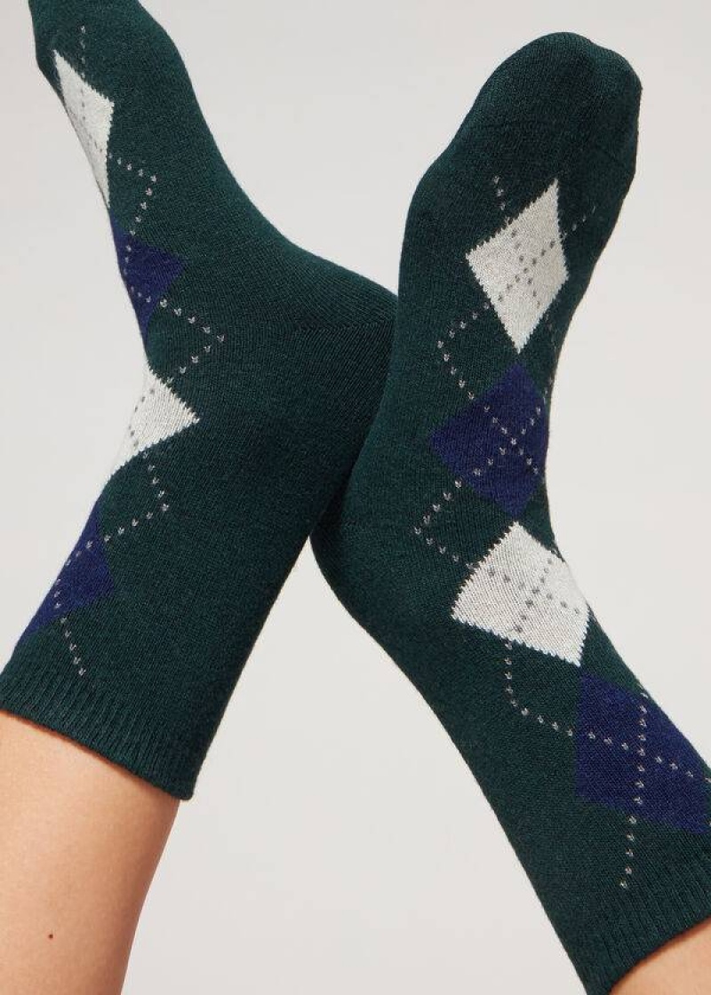 Calzedonia Diamond-Pattern Cashmere Short Women\'s Socks Olive | CA 1785ZG