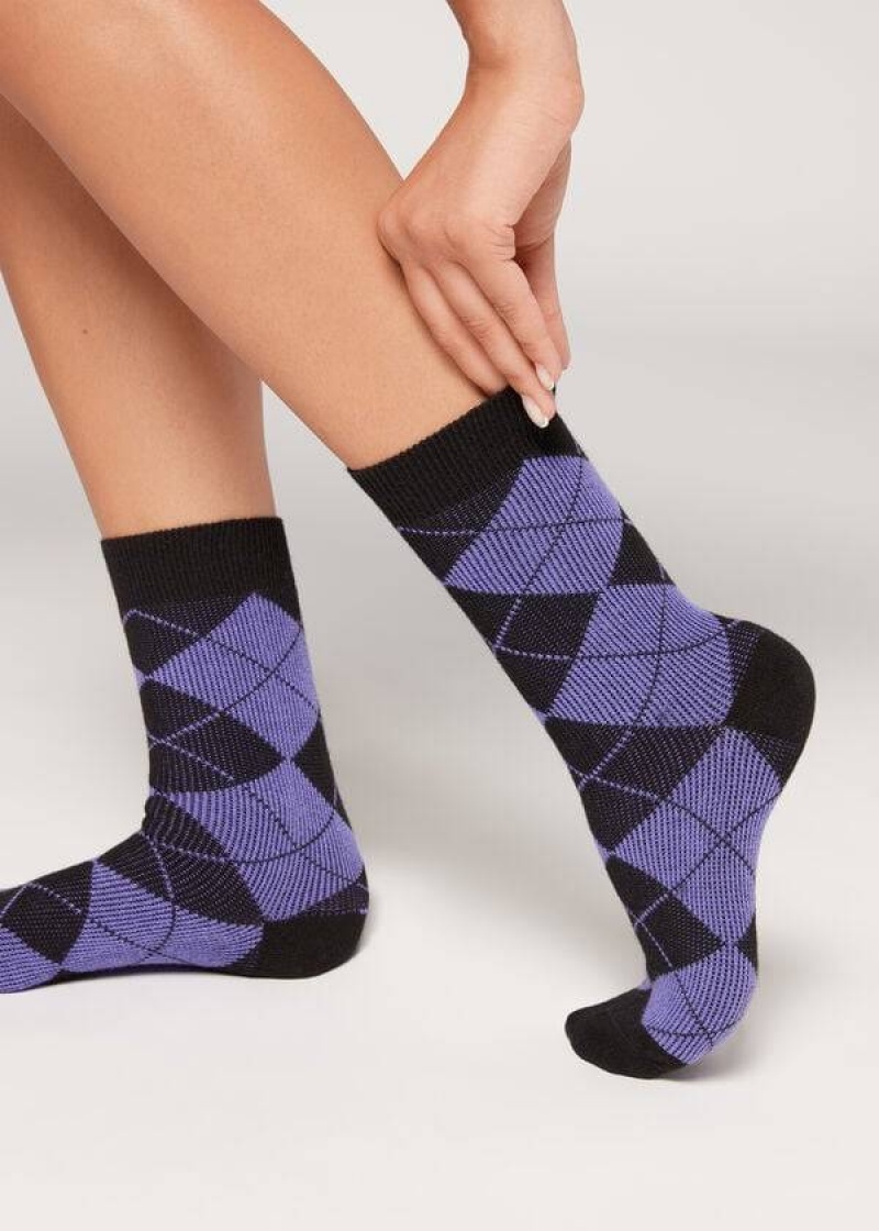 Calzedonia Diamond-Pattern Cashmere Short Women\'s Socks Black / Purple | CA 1776AP