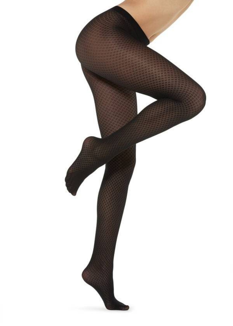 Calzedonia Diamond Patterned Women's Tight Black | CA 3097SO